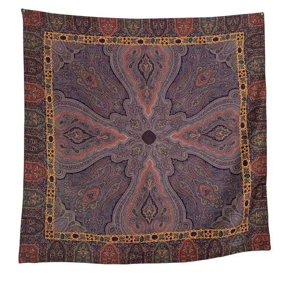 Vintage CHANEL Women's Blue & Gold Silk Wool Paisley Square Scarf Size 34" x 34" - Picture 1 of 8